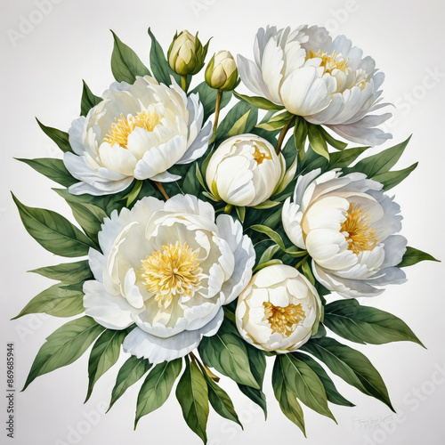 Bouquet of white peonies on white background, showcasing elegance of these delicate spring flowers in captivating watercolor drawing. Soft hues and intricate details floral beauty and grace.