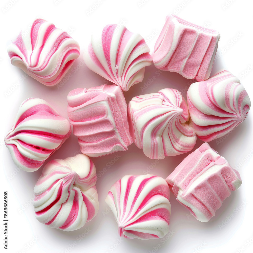 A set of pink zephyr marshmallows, isolated on a white background A set of pink zephyr marshmallows, isolated on a white background