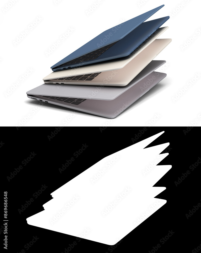 new different color open laptops presentation fly in air 3d render with alpha