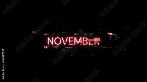 November text with screen effects of technological failures. Spectacular screen glitch with various kinds of interference. Looped
