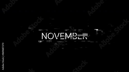 November text with screen effects of technological failures. Spectacular screen glitch with various kinds of interference. Looped