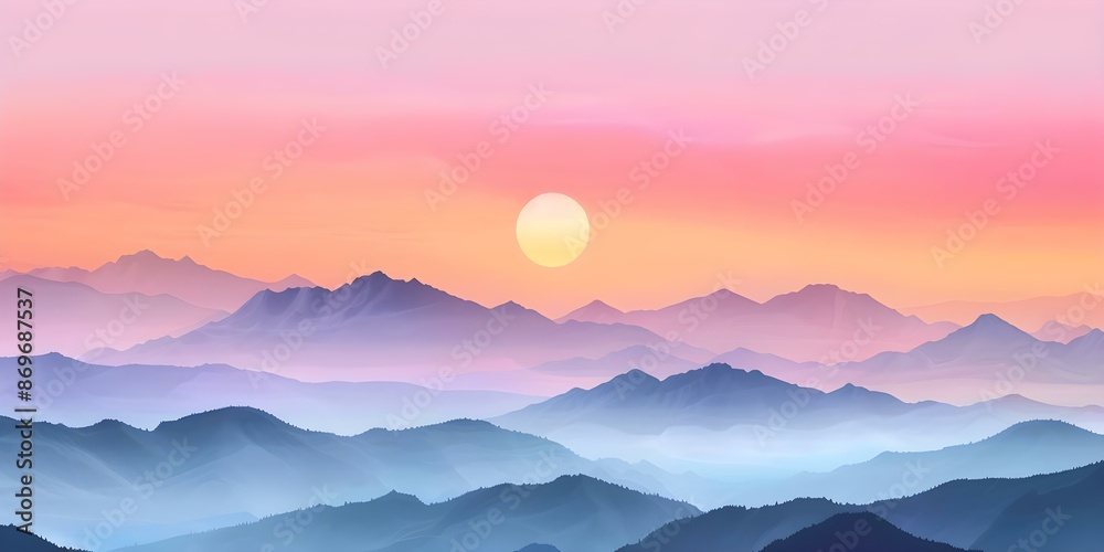 Vibrant Sunset Scene Panoramic Landscape Drawing with Warm Clouds and Mountain Range. Concept Sunset, Landscape, Panoramic View, Warm Colors, Mountain Range Vibrant Sunset Scene Panoramic Landscape Drawing with Warm Clouds and Mountain Range. Concept Sunset, Landscape, Panoramic View, Warm Colors, Mountain Range