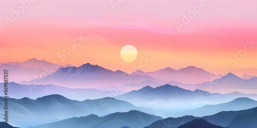Vibrant Sunset Scene Panoramic Landscape Drawing with Warm Clouds and Mountain Range. Concept Sunset, Landscape, Panoramic View, Warm Colors, Mountain Range