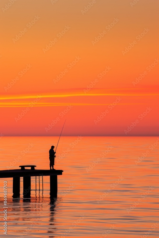 Fototapeta premium Fishermsilhouette at sunset on pier