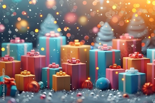 Colorful gift boxes scattered on snowy ground. photo