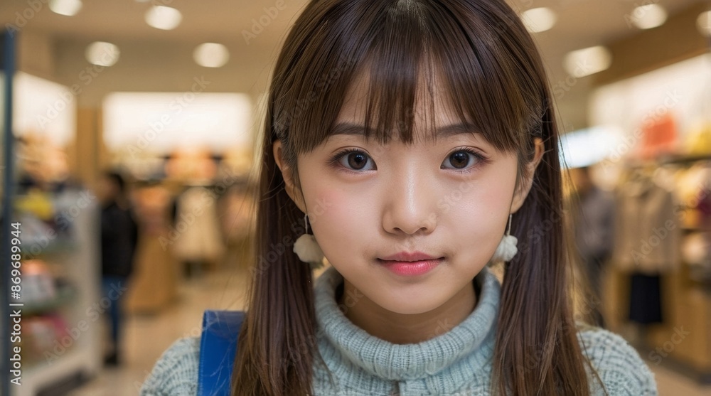 Front view of cute japanese girl at shopping Front view of cute japanese girl at shopping