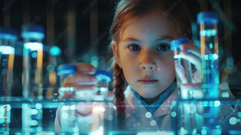 Young girl analyzing test tubes with a futuristic holographic interface, child scientist, merging science and technology --ar 16:9 Job ID: a1fd49bc-7360-425c-9790-c3427ccbebb8 Young girl analyzing test tubes with a futuristic holographic interface, child scientist, merging science and technology --ar 16:9 Job ID: a1fd49bc-7360-425c-9790-c3427ccbebb8