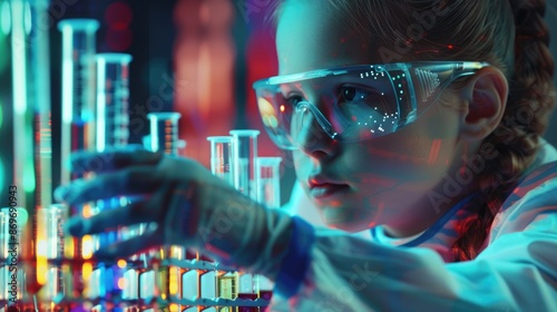 Young girl analyzing test tubes with a futuristic holographic interface, child scientist, merging science and technology --ar 16:9 Job ID: 0a512a09-b197-4be2-90bd-1acc38faa6a6 photo