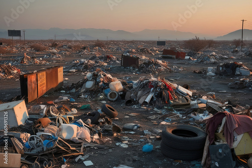 Forsaken landscape overrun by trash, eerie atmosphere in muted twilight hues.