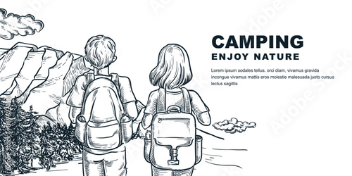 Couple with backpacks on mountains background. Summer outdoor camp horizontal banner, poster design template. Man and woman travel adventures vector hand drawn sketch illustration