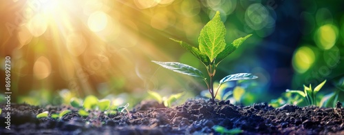 Young Sapling Growing in Sunlight With a Defocused Forest Background