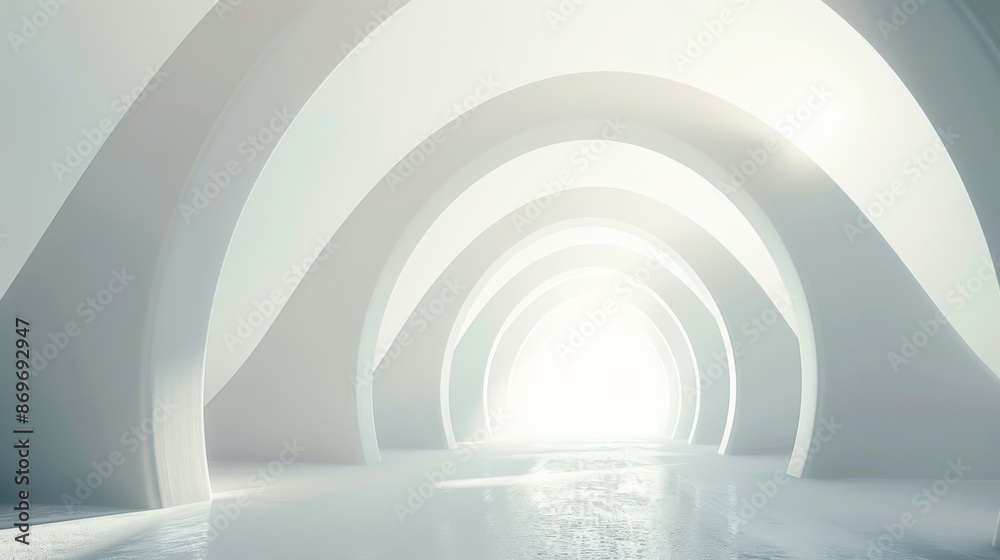 Fototapeta premium A futuristic, bright white tunnel with glowing lights. Clean lines and modern design in a sci-fi atmosphere.