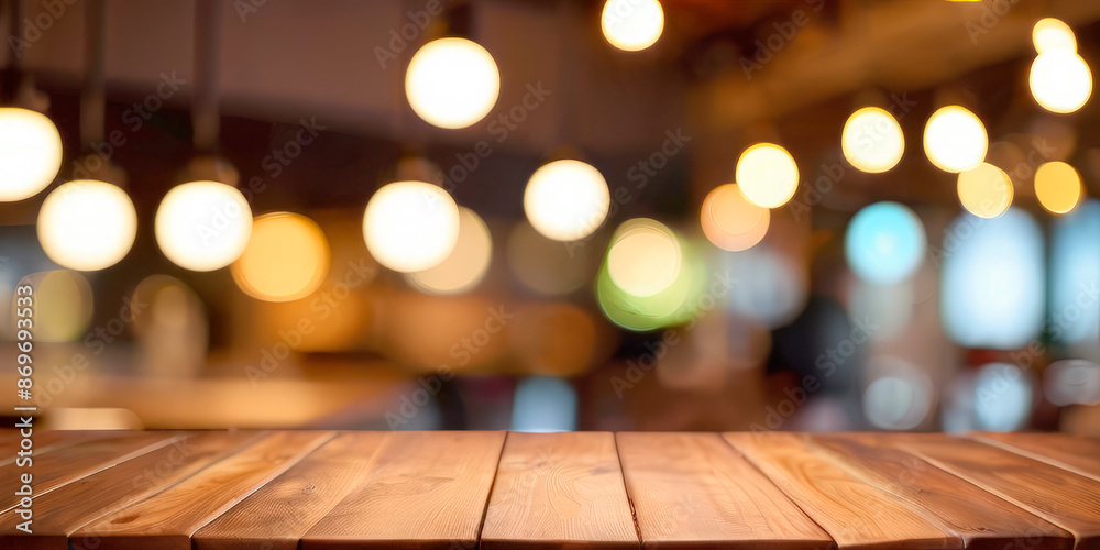 The surface of the wooden table on the background of blurred lights The surface of the wooden table on the background of blurred lights