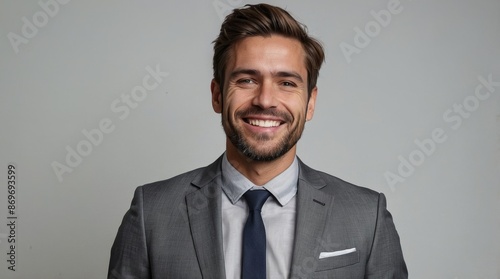 Happy business man wearing grey suit standing isolated