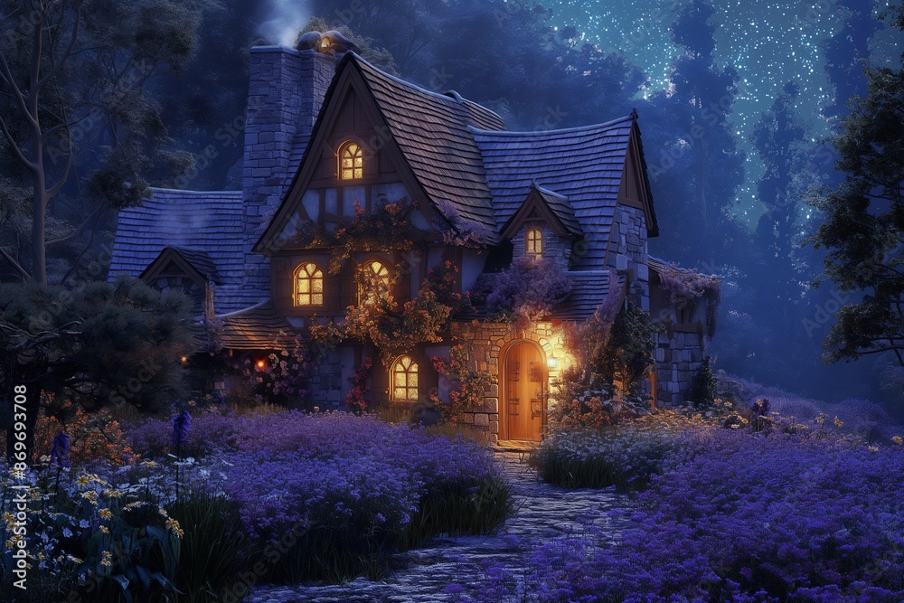 Bathed in the soft glow of twilight, the fairytale cottage Bathed in the soft glow of twilight, the fairytale cottage