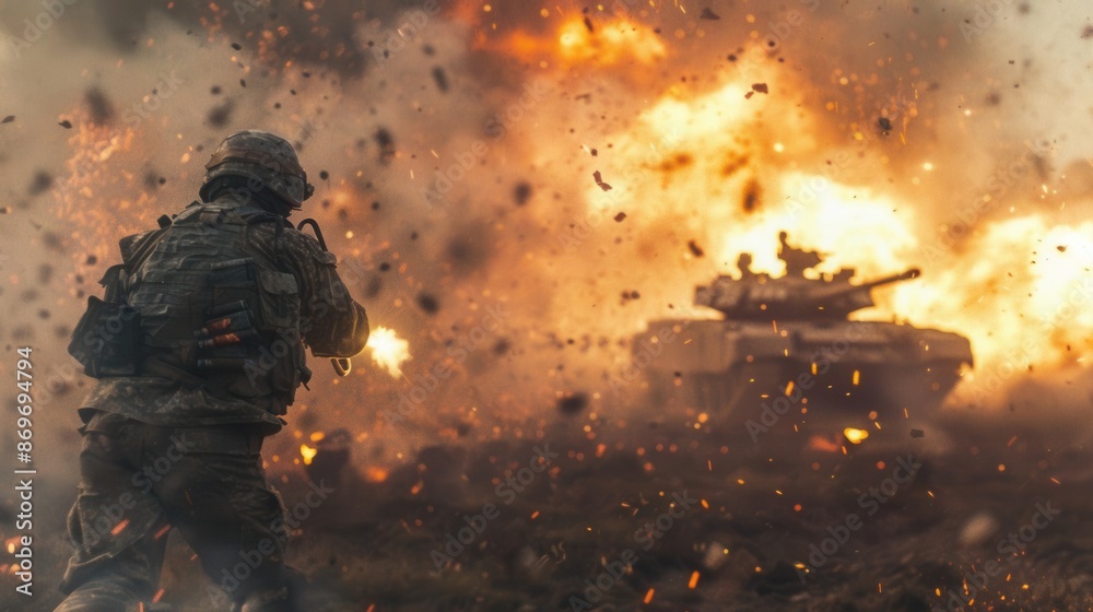 A dramatic scene of a soldier firing a weapon, with tanks and explosions in the background A dramatic scene of a soldier firing a weapon, with tanks and explosions in the background