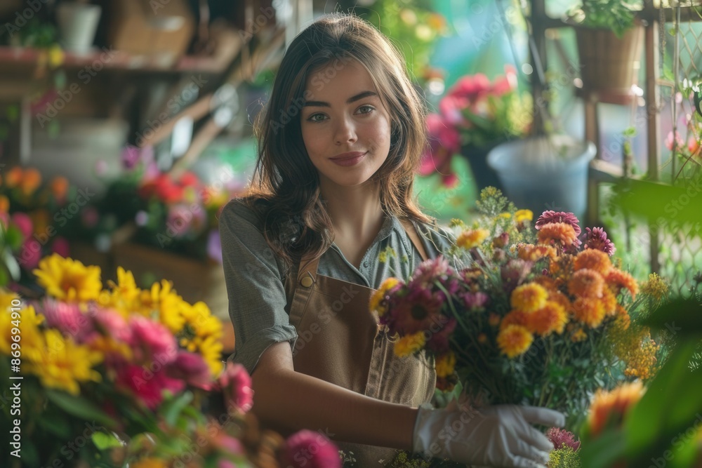 Female gardener arranging flower bouquets in garden shed Female gardener arranging flower bouquets in garden shed