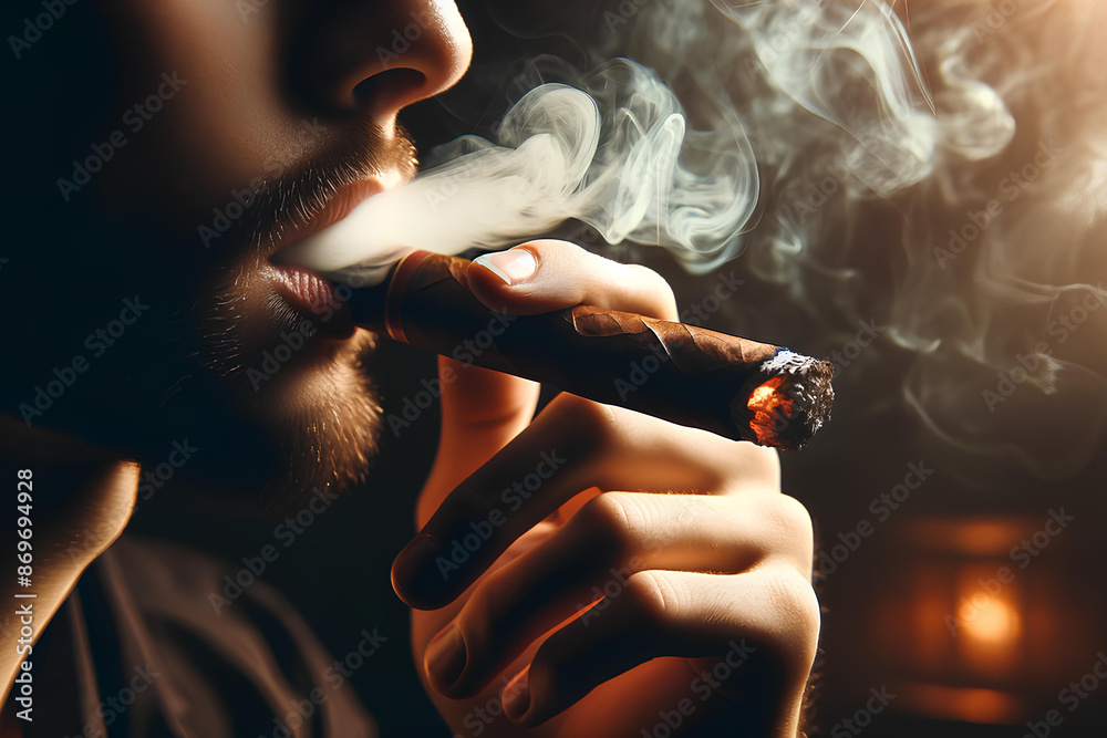 Fototapeta premium Man smoking a cigar, mouthpiece and smoke close-up