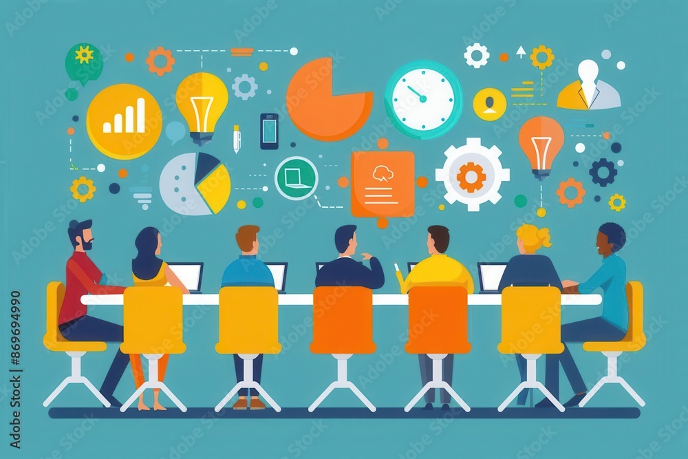 Business meeting, team brainstorming ideas, flat design illustration