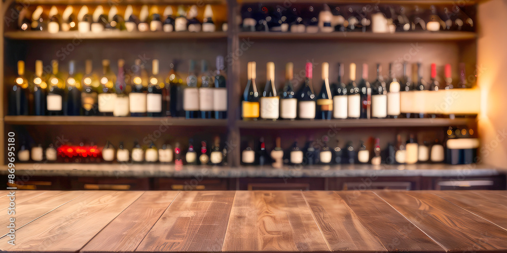 the surface of a wooden table for advertising products against the background of blurred shelves with wine the surface of a wooden table for advertising products against the background of blurred shelves with wine
