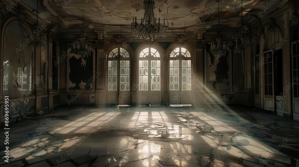 Fototapeta premium abandoned ballroom in decaying mansion moonlight streaming through broken windows dusty chandeliers casting eerie shadows on cracked marble floor