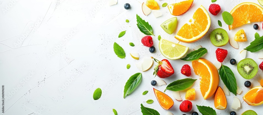 A fruit salad with green leaves displayed on a white backdrop to enhance vibrant colors in the copy space image. A fruit salad with green leaves displayed on a white backdrop to enhance vibrant colors in the copy space image.