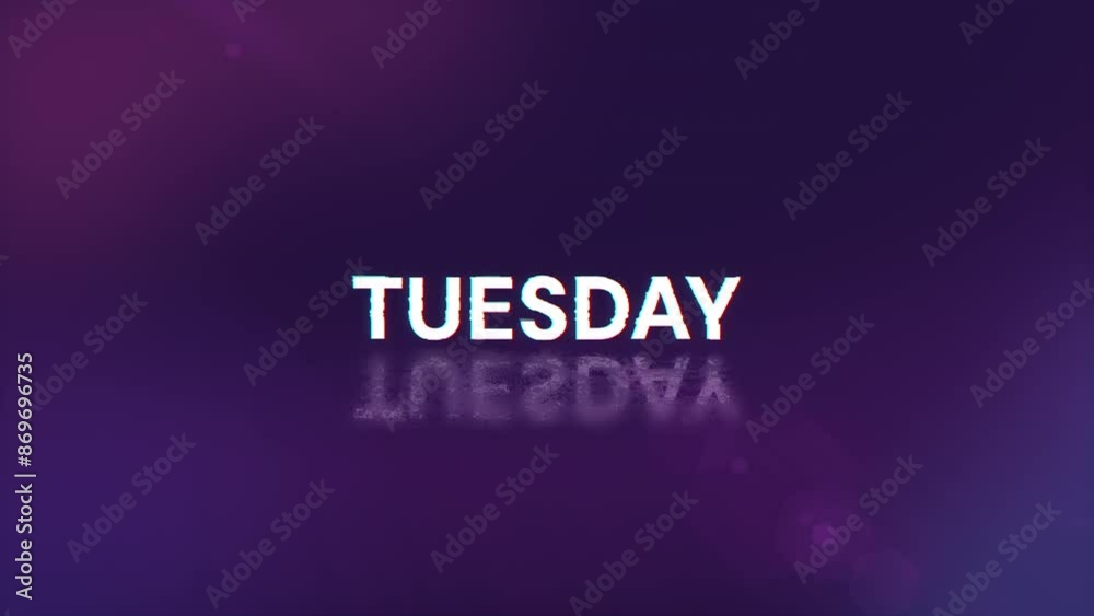 Tuesday text with screen effects of technological failures. Spectacular screen glitch with various kinds of interference. Looped