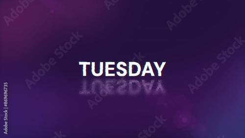Tuesday text with screen effects of technological failures. Spectacular screen glitch with various kinds of interference. Looped