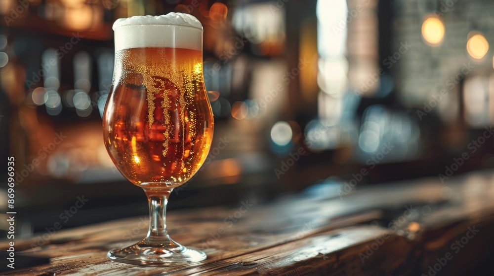 Glass of craft beer on wooden table with blurred bar atmosphere. Glass of beer on a dark background with copyspace Glass of craft beer on wooden table with blurred bar atmosphere. Glass of beer on a dark background with copyspace