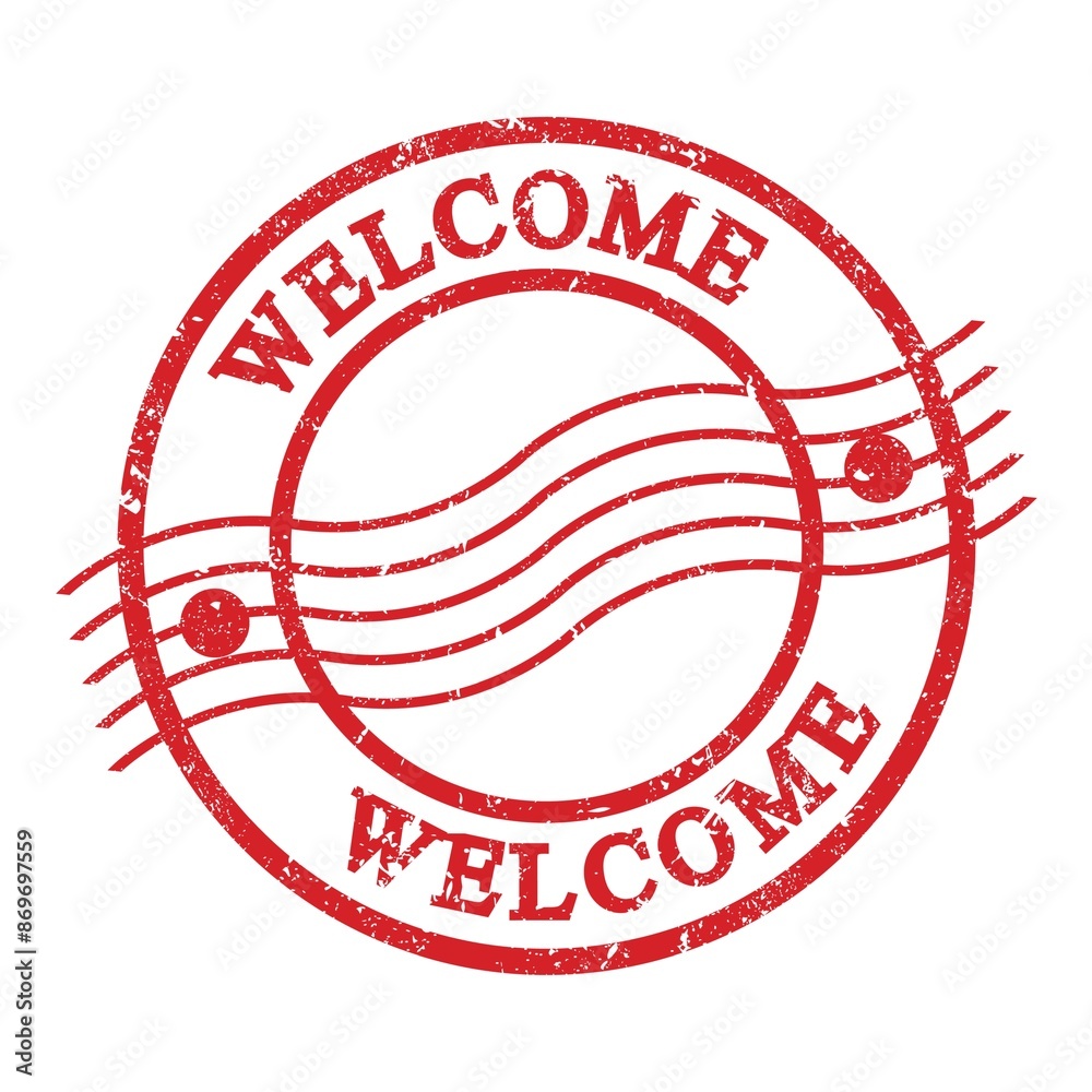 WELCOME, text written on red postal stamp. WELCOME, text written on red postal stamp.