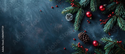 An image capturing the essence of Christmas with a festive layout featuring classic holiday elements like pine tree branches, suitable for the winter season. Includes a background with ample space