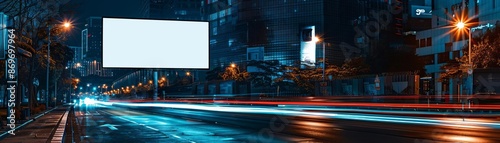 A minimalistic ad with a blank white billboard sign on a city street at night, ready for text