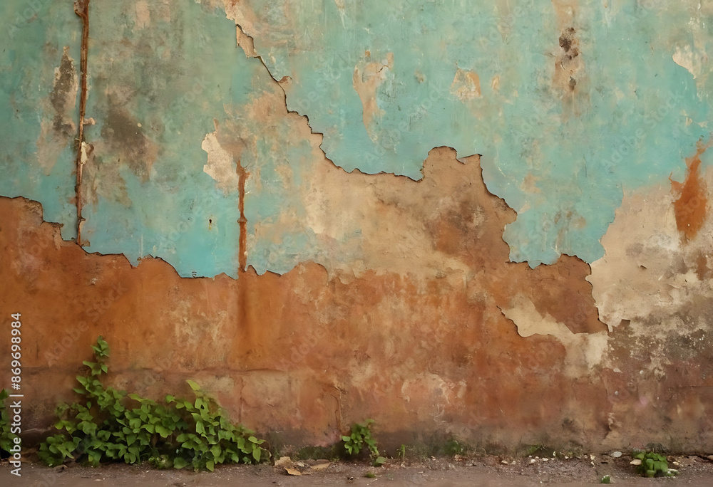 Fototapeta premium A weathered wall with peeling paint, revealing layers of color and texture, with a small patch of greenery at the base. Perfect for backgrounds, grunge aesthetics, or urban-themed projects.