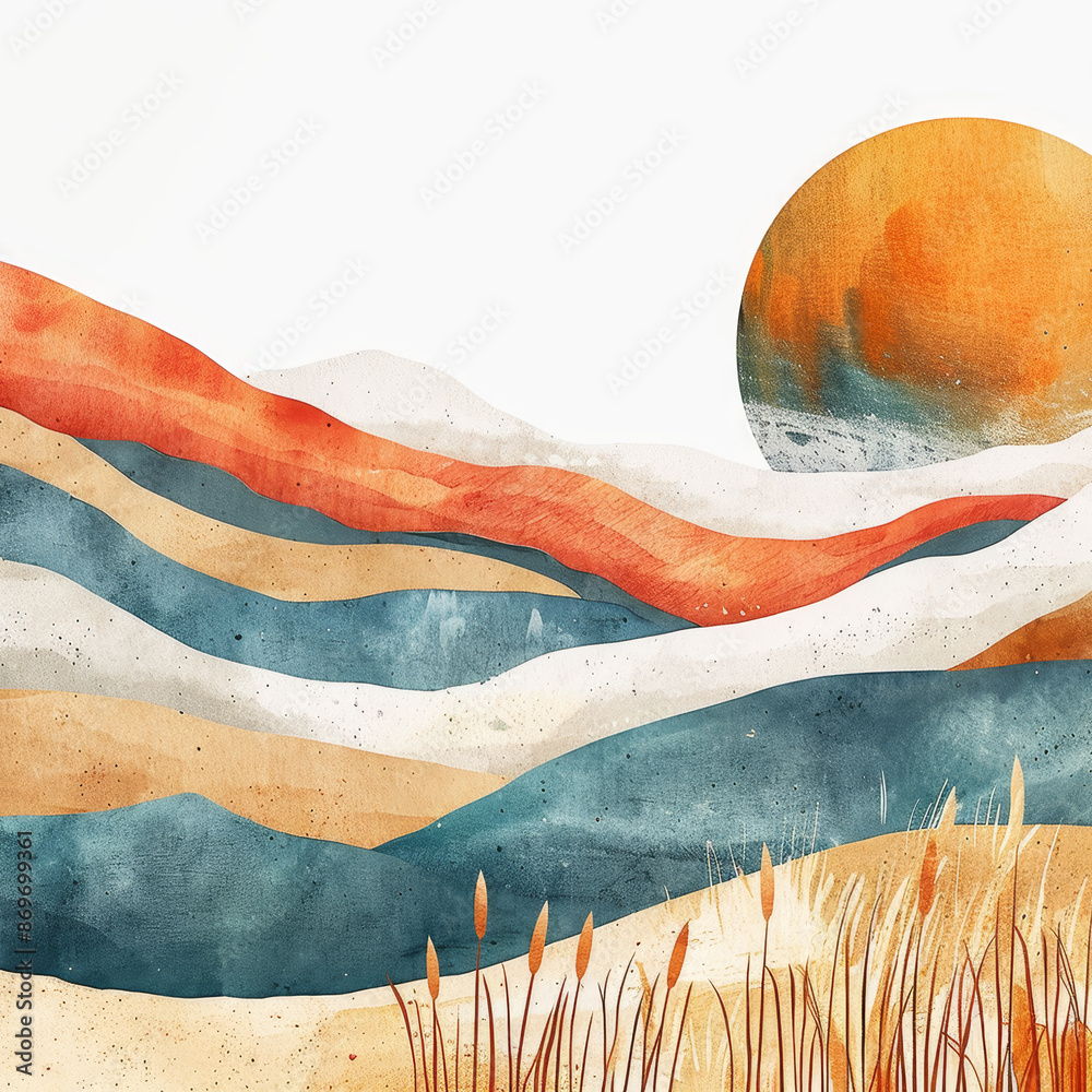 An abstract boho-style illustration of a mountain landscape featuring hills and a large sun, using warm and earthy tones. An abstract boho-style illustration of a mountain landscape featuring hills and a large sun, using warm and earthy tones.
