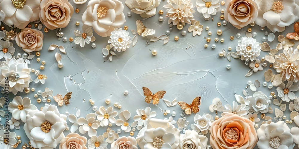 Obraz premium Elegant Wedding Mural Adorned with Flowers, Pearls, Butterflies, and Golden Decorative Elements. Concept Wedding Mural, Floral Decor, Butterfly Details, Golden Accents, Elegant Theme