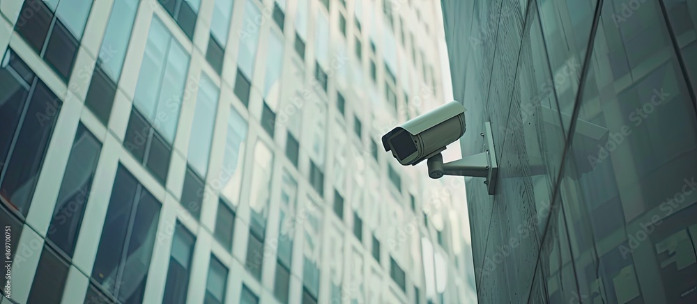 Surveillance camera mounted on the office building with a blank space for images. Copy space image. Place for adding text and design Surveillance camera mounted on the office building with a blank space for images. Copy space image. Place for adding text and design