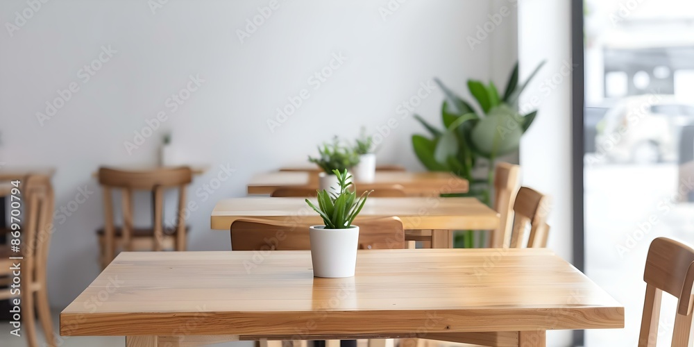 Contemporary cafe with wooden tables and chairs white screen wall for display. Concept Cafe Interior Design, Wooden Furniture, White screen wall, Contemporary Style