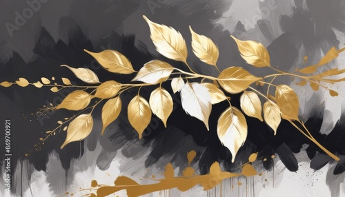 digital painting gold leafs on abstract background (1)