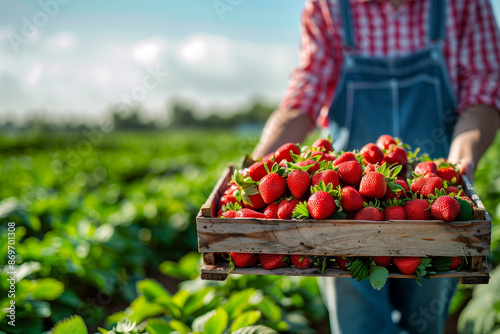 A farmer holding a wooden crate full of freshly picked strawberries with blurred plantation on background. photo