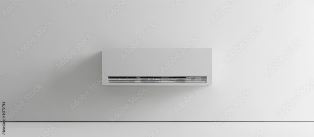 An air conditioner in white color set against a white wall background, with room for a copy space image. An air conditioner in white color set against a white wall background, with room for a copy space image.