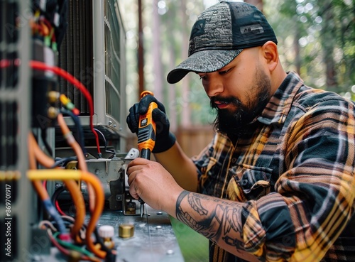 Bearded Man Fixing AC Unit photo