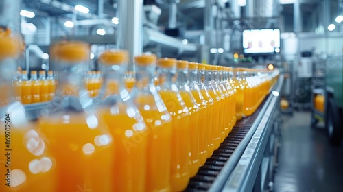 automated juice bottling facility with transparent conveyor belts robotic arms and holographic quality control displays