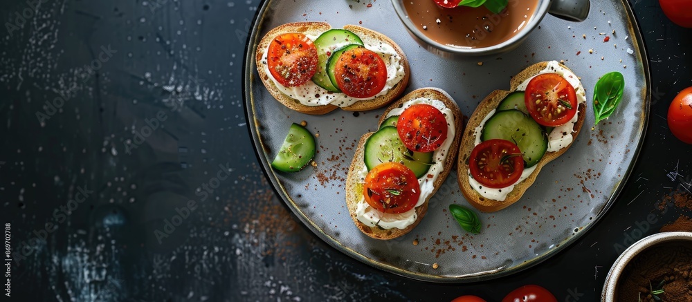 Three Italian crostini served on a plate with tomatoes and cucumbers, accompanied by a cup of cocoa, all captured in a top-view image with copy space. Three Italian crostini served on a plate with tomatoes and cucumbers, accompanied by a cup of cocoa, all captured in a top-view image with copy space.