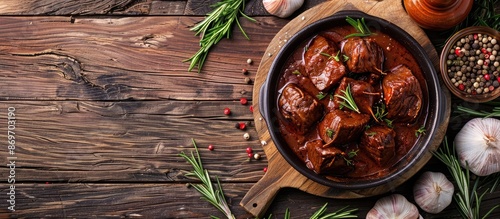 A vivid image of goulash, featuring slices of red beef or lamb on a cutting board surrounded by rosemary, garlic, and peppercorns on a wooden surface, providing ample copy space.