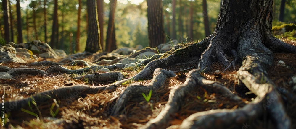 Detailed close-up of pine tree roots in a forest, shot from a low angle to capture the natural scenery with a blurred background, highlighting the ecological environment. Add copy space image. Detailed close-up of pine tree roots in a forest, shot from a low angle to capture the natural scenery with a blurred background, highlighting the ecological environment. Add copy space image.