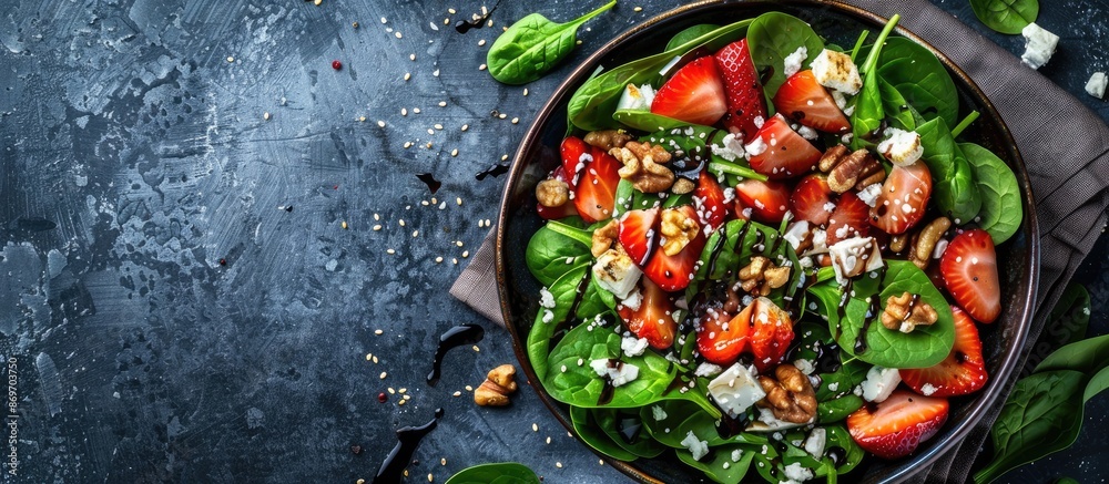 Healthy vegetarian salad featuring strawberries, spinach, nuts, and feta cheese drizzled with balsamic vinegar, presented as a detox superfood bowl with a striking copy space image. Healthy vegetarian salad featuring strawberries, spinach, nuts, and feta cheese drizzled with balsamic vinegar, presented as a detox superfood bowl with a striking copy space image.