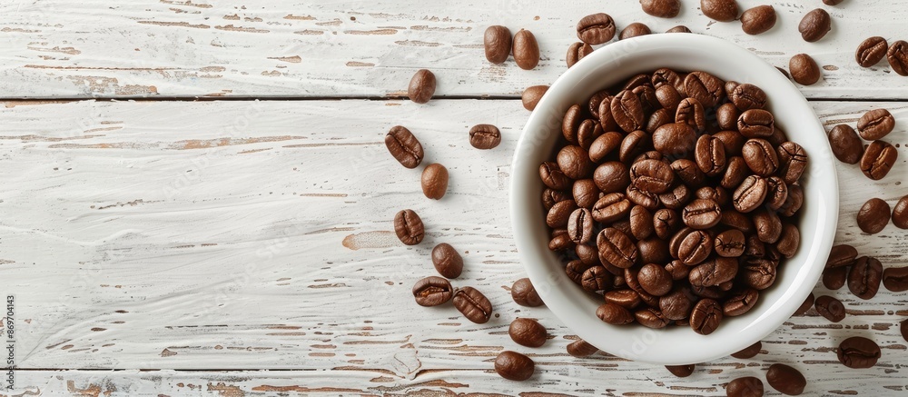 Coffee beans in bowl with coffee maker on a wooden surface, set against a white paper background in the copy space image. Coffee beans in bowl with coffee maker on a wooden surface, set against a white paper background in the copy space image.