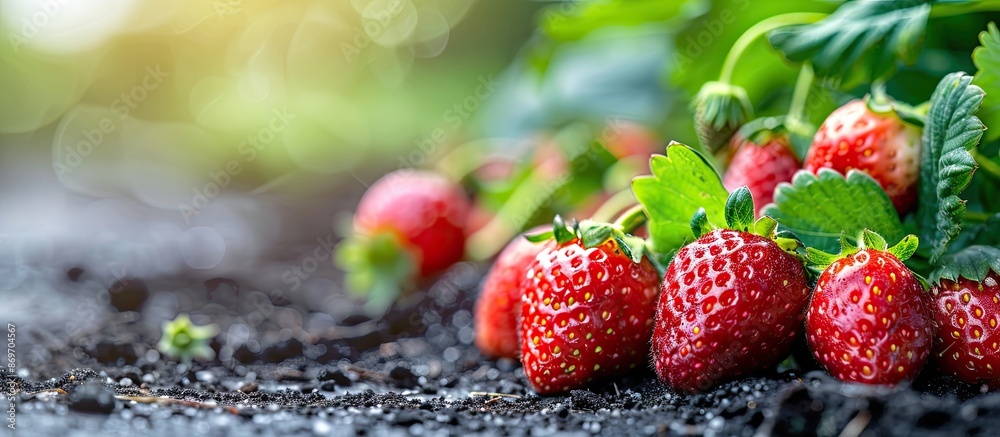 A close-up view of ripe gourmet strawberries in an organic garden with a copy space image available. A close-up view of ripe gourmet strawberries in an organic garden with a copy space image available.