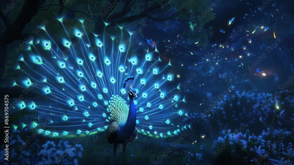 Obraz premium bioluminescent peacock in an enchanted night garden iridescent feathers glow with ethereal blues and greens surrounded by glowing flowers and floating fireflies in a magical moonlit scene