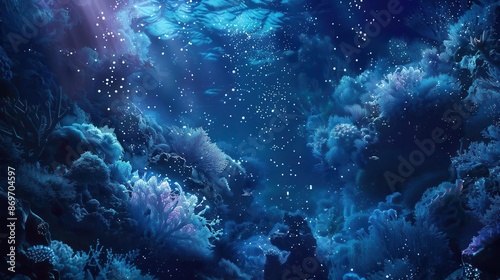 bioluminescent underwater dreamscape with alien coral formations and ethereal sea creatures shimmering particles float through the otherworldly seascape creating a mesmerizing atmosphere